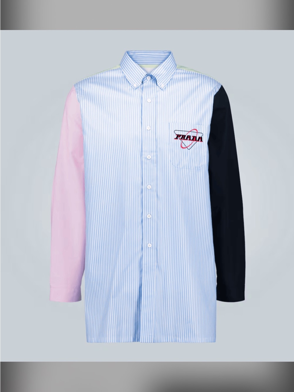 Prada Multi‑Color Striped Button‑Down Shirt with Contrasting Sleeves.